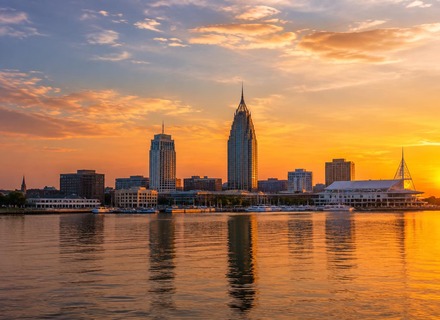 Downtown Mobile, Alabama skyline at sunset over the bay